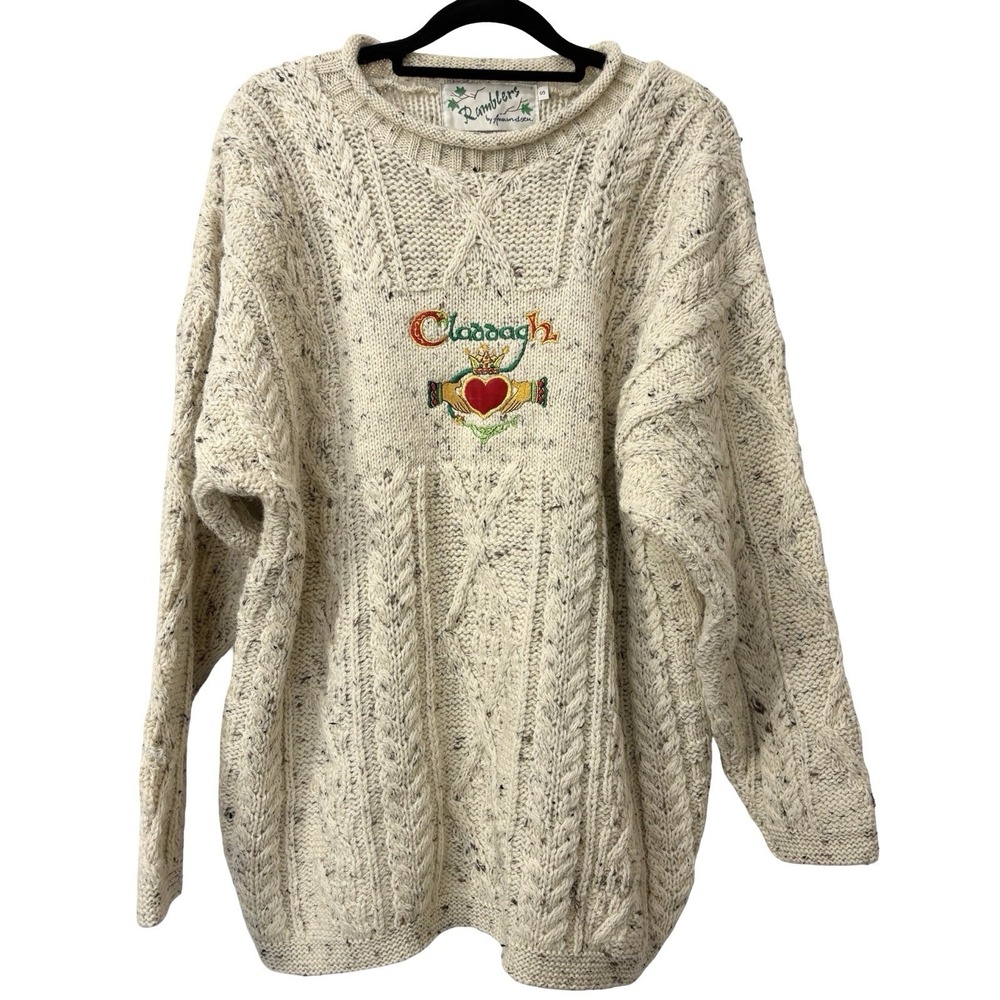 VTG Ramblers by Amundsen cream Irish wool cable-knit Fisherman sweater Claddagh